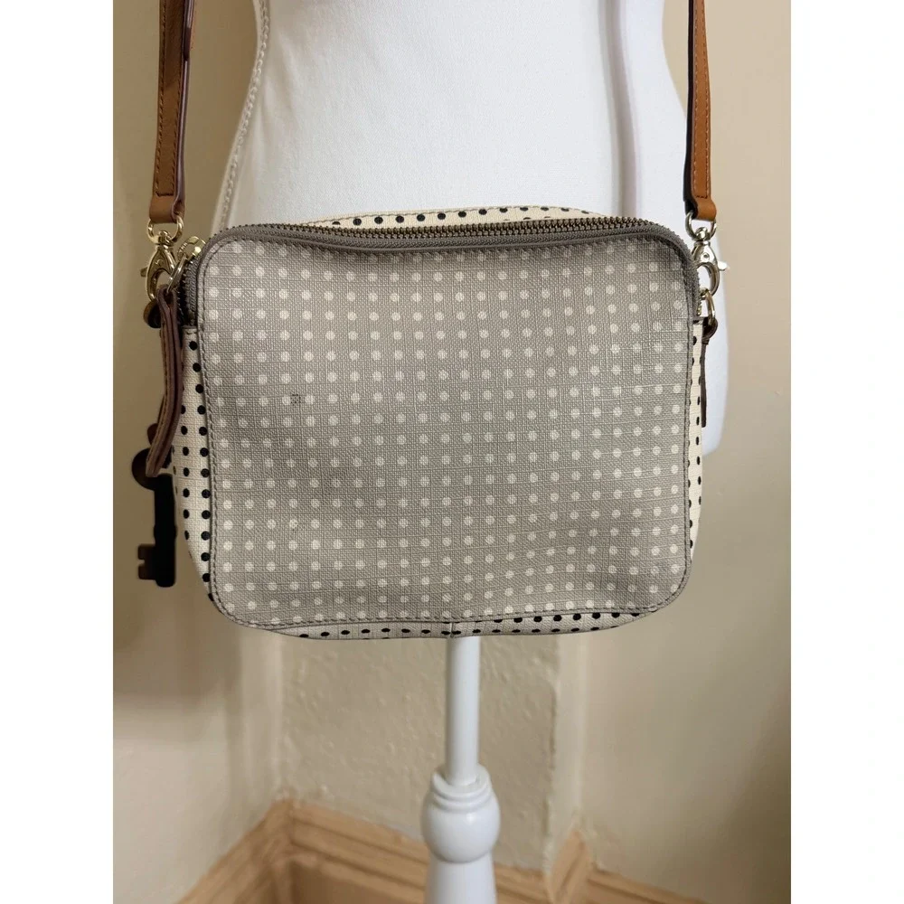 Fossil Polka Dot Coated Canvas Crossbody Bag Tan Leather Trim Triple Zip Pocket